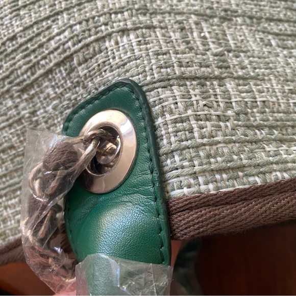 Green Brown Tweed Mixed Fiber Shopper Tote Bag w/ Chain Shoulder Strap C6 - Picture 15 of 16